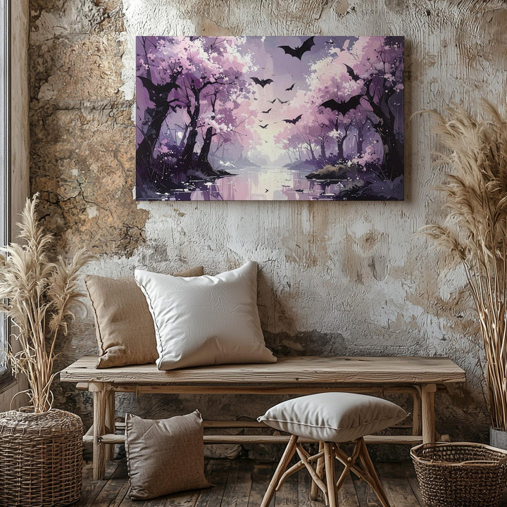 Blush Bats Forest Canvas – Dreamlike Path with Pink Trees & Dark Wings - Gifitto