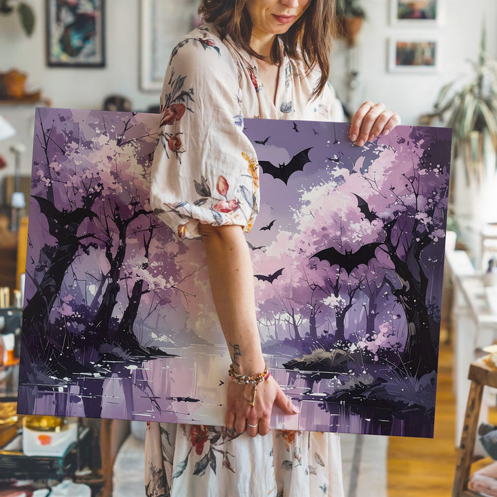 Blush Bats Forest Canvas – Dreamlike Path with Pink Trees & Dark Wings - Gifitto