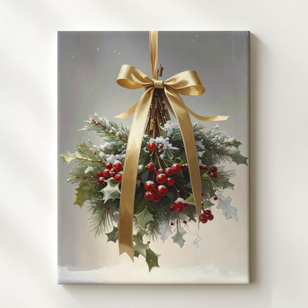 Golden Ribbon Mistletoe Bundle Canvas – Elegant Botanical Christmas Wall Art - Gifitto