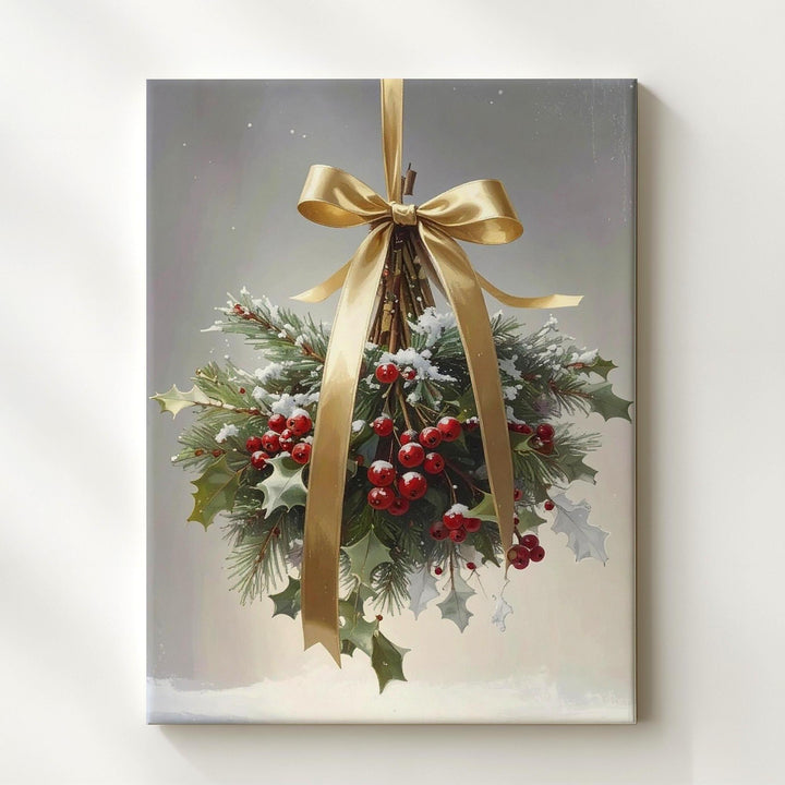 Golden Ribbon Mistletoe Bundle Canvas – Elegant Botanical Christmas Wall Art - Gifitto