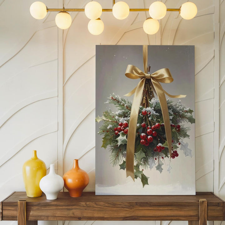 Golden Ribbon Mistletoe Bundle Canvas – Elegant Botanical Christmas Wall Art - Gifitto