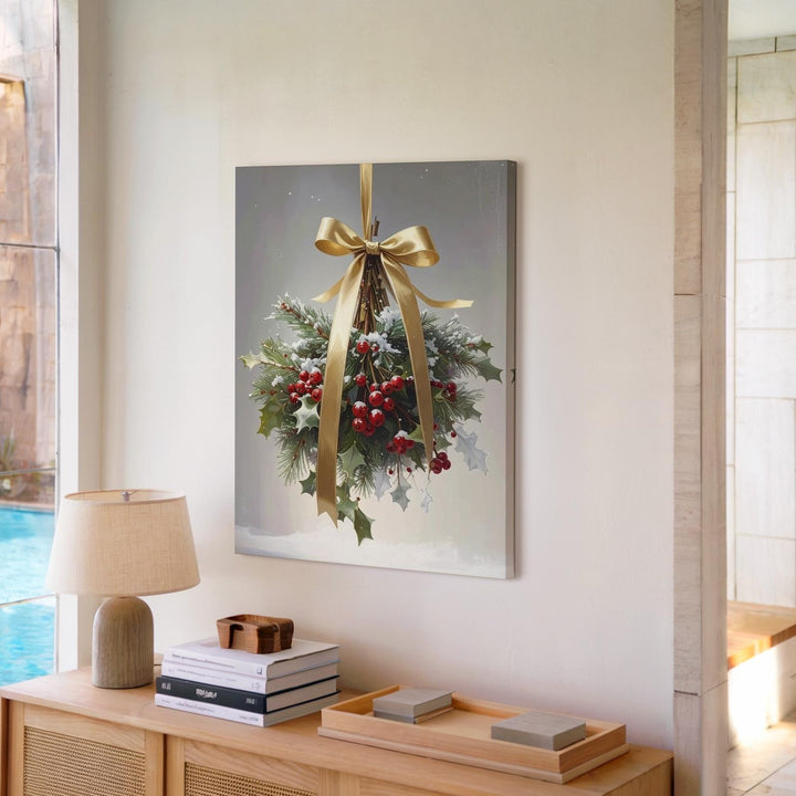 Golden Ribbon Mistletoe Bundle Canvas – Elegant Botanical Christmas Wall Art - Gifitto