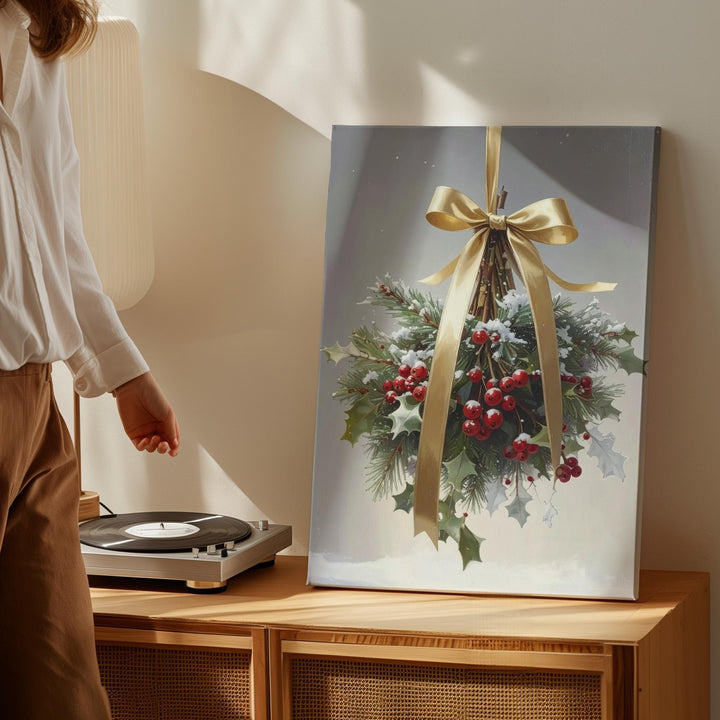 Golden Ribbon Mistletoe Bundle Canvas – Elegant Botanical Christmas Wall Art - Gifitto