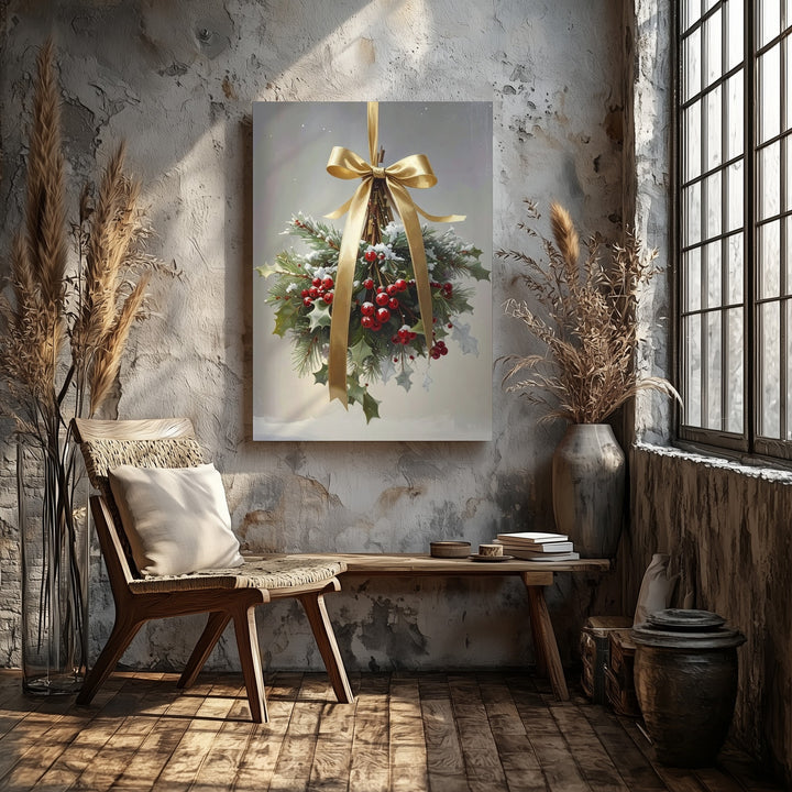 Golden Ribbon Mistletoe Bundle Canvas – Elegant Botanical Christmas Wall Art - Gifitto