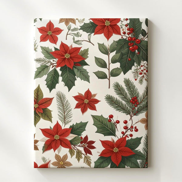 Poinsettia & Holly Pattern Canvas – Modern Folk-Art Christmas Botanical Wall Art - Gifitto