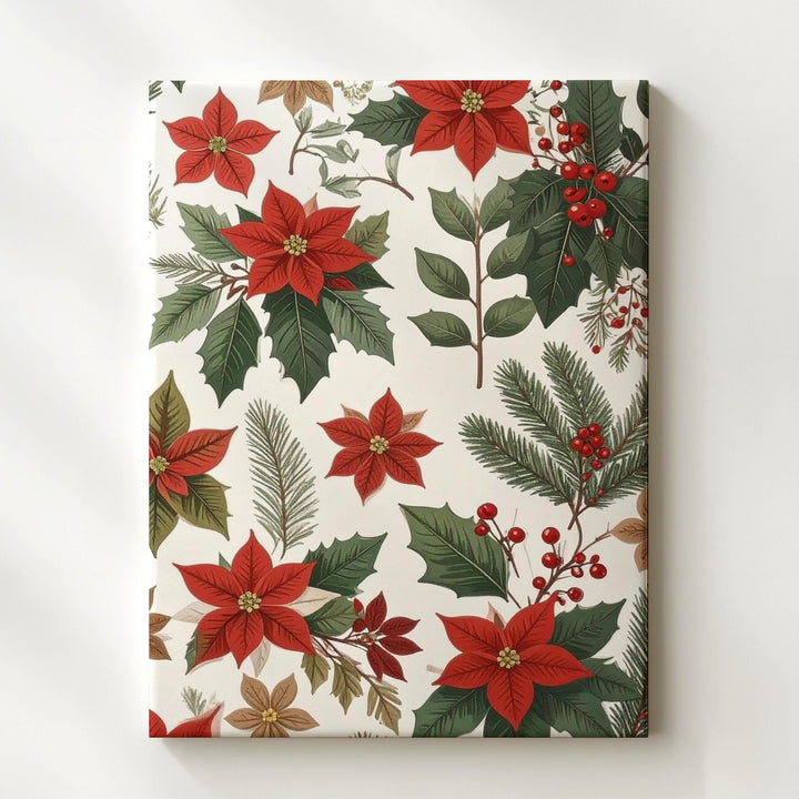 Poinsettia & Holly Pattern Canvas – Modern Folk-Art Christmas Botanical Wall Art - Gifitto