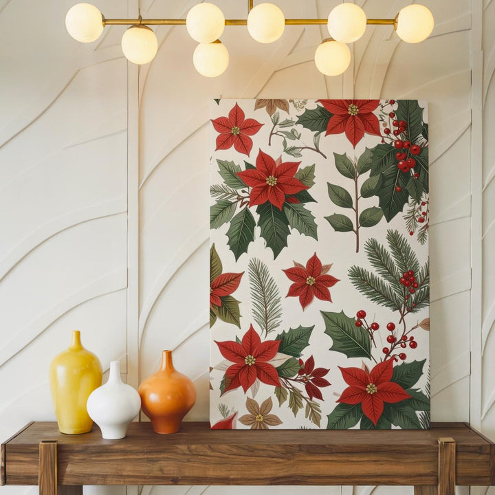 Poinsettia & Holly Pattern Canvas – Modern Folk-Art Christmas Botanical Wall Art - Gifitto