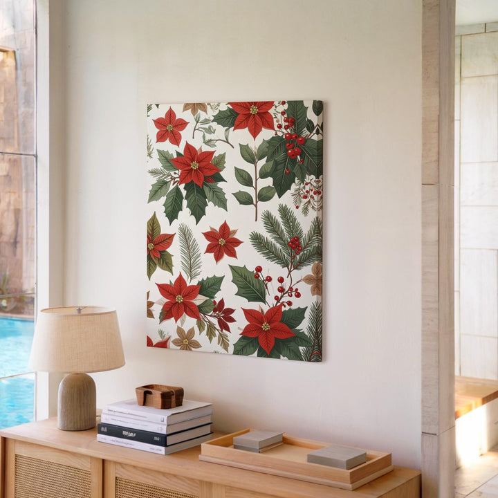 Poinsettia & Holly Pattern Canvas – Modern Folk-Art Christmas Botanical Wall Art - Gifitto