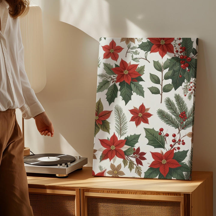Poinsettia & Holly Pattern Canvas – Modern Folk-Art Christmas Botanical Wall Art - Gifitto