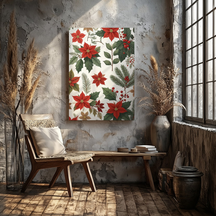 Poinsettia & Holly Pattern Canvas – Modern Folk-Art Christmas Botanical Wall Art - Gifitto