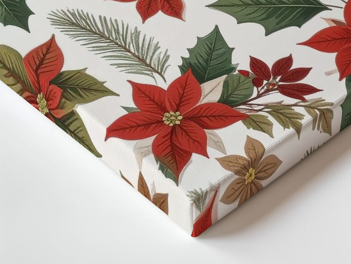 Poinsettia & Holly Pattern Canvas – Modern Folk-Art Christmas Botanical Wall Art - Gifitto