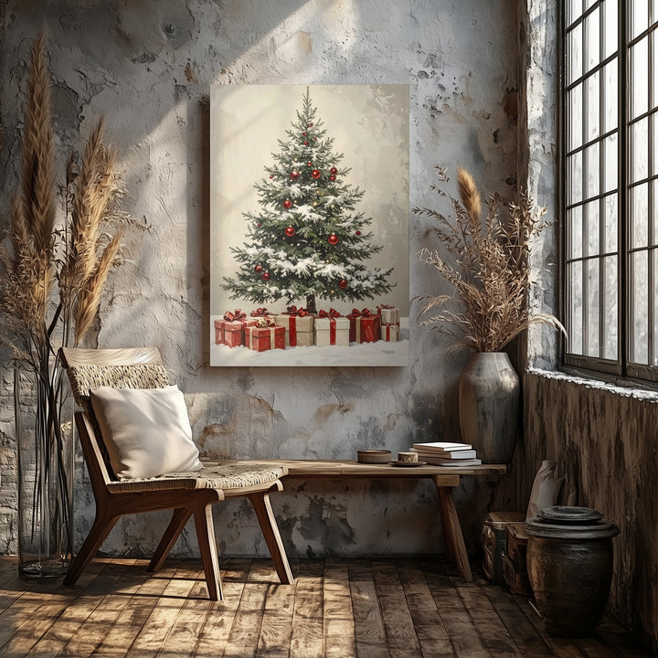 Vintage Christmas Tree Canvas – Minimal Hand-Drawn Holiday Wall Art - Gifitto