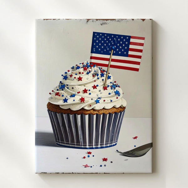 Patriotic Cupcake Canvas – Red, White & Blue Dessert with American Flag - Gifitto