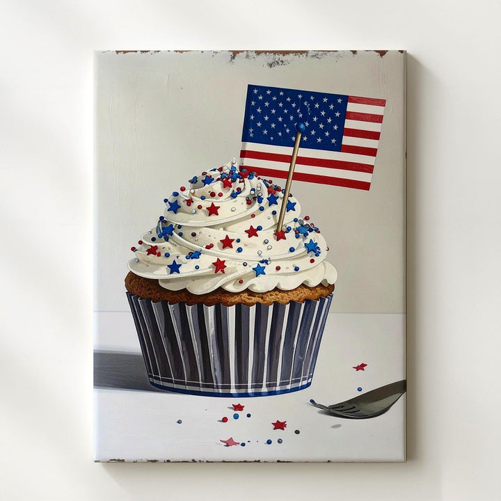 Patriotic Cupcake Canvas – Red, White & Blue Dessert with American Flag - Gifitto