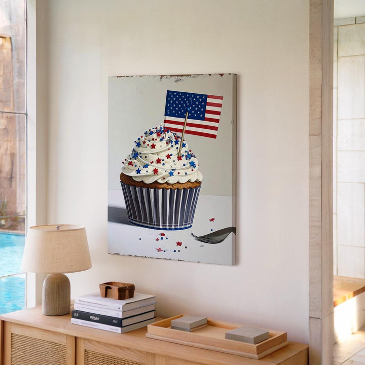 Patriotic Cupcake Canvas – Red, White & Blue Dessert with American Flag - Gifitto