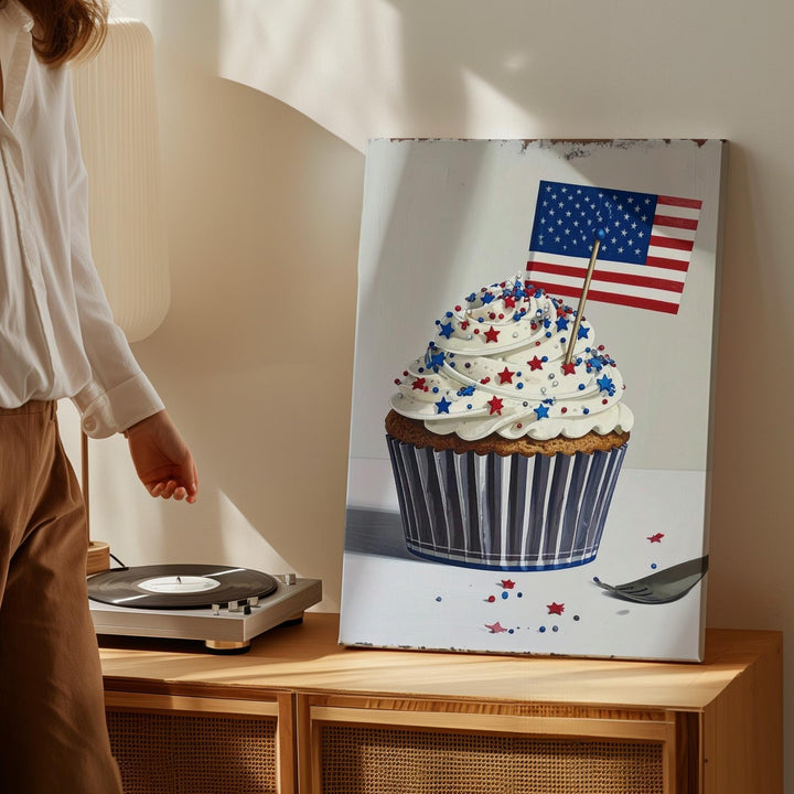 Patriotic Cupcake Canvas – Red, White & Blue Dessert with American Flag - Gifitto