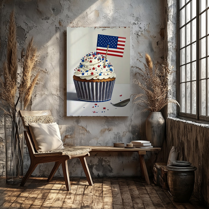 Patriotic Cupcake Canvas – Red, White & Blue Dessert with American Flag - Gifitto