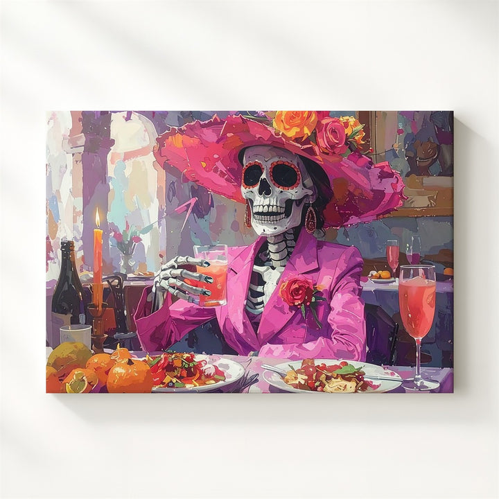 Day of the Dead Skeleton Canvas – Festive Dining Scene in Pink Suit & Floral Hat - Gifitto