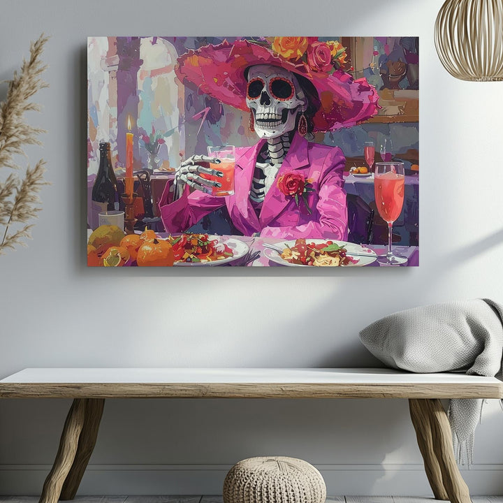 Day of the Dead Skeleton Canvas – Festive Dining Scene in Pink Suit & Floral Hat - Gifitto