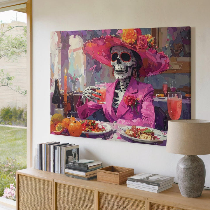 Day of the Dead Skeleton Canvas – Festive Dining Scene in Pink Suit & Floral Hat - Gifitto