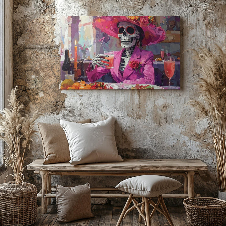 Day of the Dead Skeleton Canvas – Festive Dining Scene in Pink Suit & Floral Hat - Gifitto