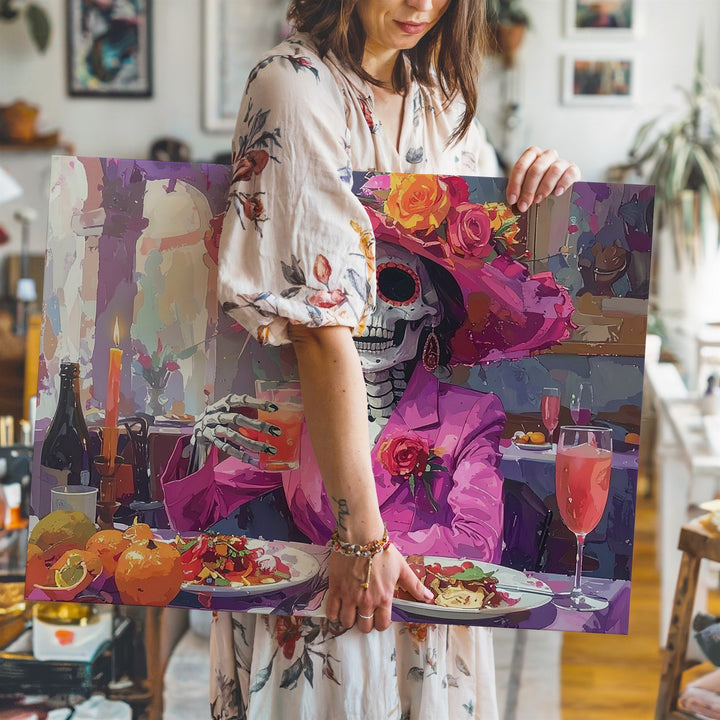 Day of the Dead Skeleton Canvas – Festive Dining Scene in Pink Suit & Floral Hat - Gifitto