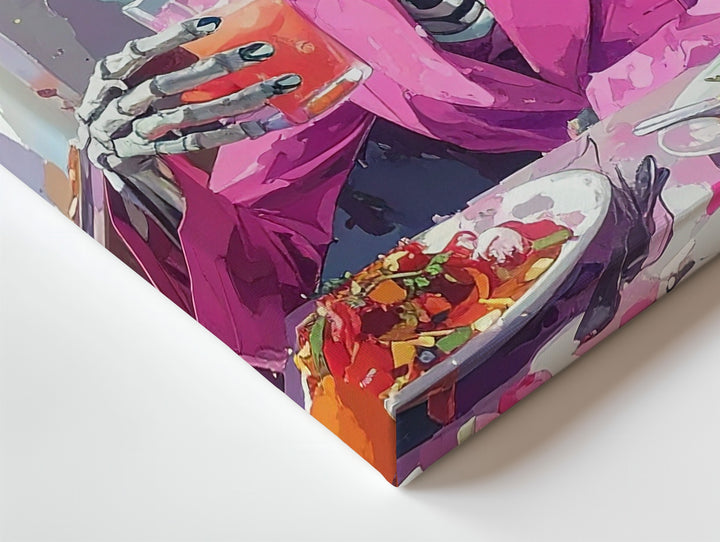 Day of the Dead Skeleton Canvas – Festive Dining Scene in Pink Suit & Floral Hat - Gifitto