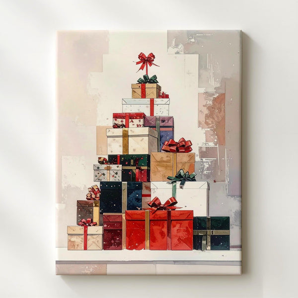 Stacked Christmas Gifts Canvas – Modern Holiday Wall Art in Warm Tones - Gifitto