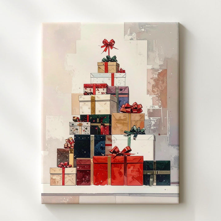 Stacked Christmas Gifts Canvas – Modern Holiday Wall Art in Warm Tones - Gifitto