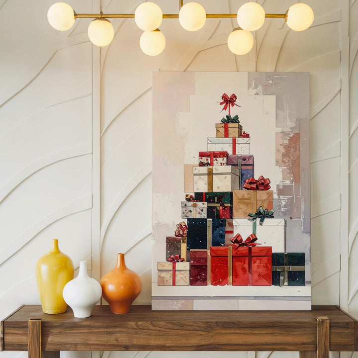 Stacked Christmas Gifts Canvas – Modern Holiday Wall Art in Warm Tones - Gifitto