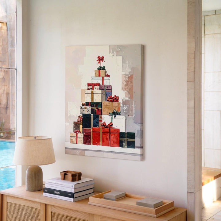 Stacked Christmas Gifts Canvas – Modern Holiday Wall Art in Warm Tones - Gifitto