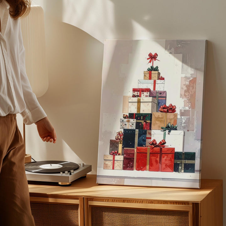Stacked Christmas Gifts Canvas – Modern Holiday Wall Art in Warm Tones - Gifitto