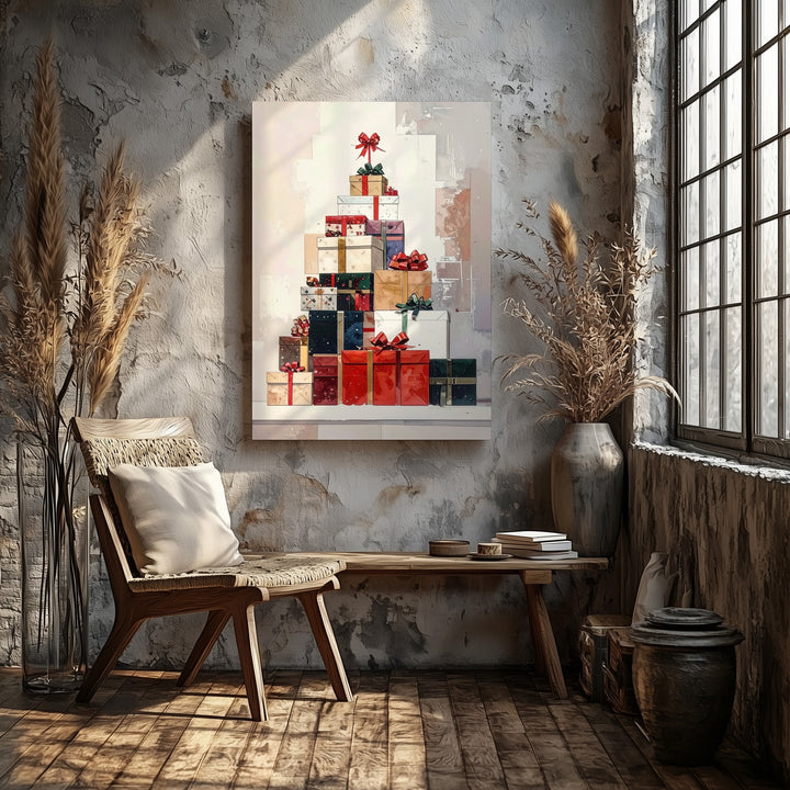 Stacked Christmas Gifts Canvas – Modern Holiday Wall Art in Warm Tones - Gifitto