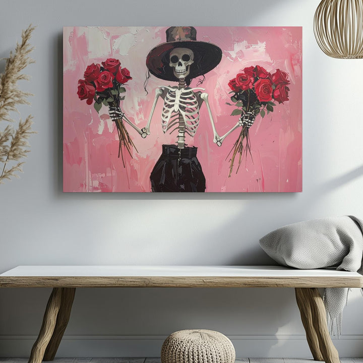 Dancing Skeleton Canvas – Rose-Wielding Spirit in Festive Flair - Gifitto