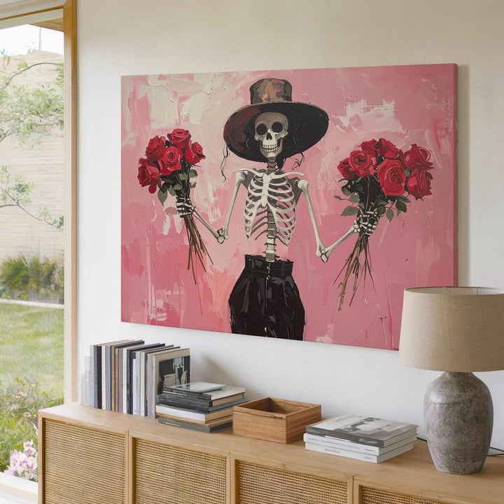 Dancing Skeleton Canvas – Rose-Wielding Spirit in Festive Flair - Gifitto
