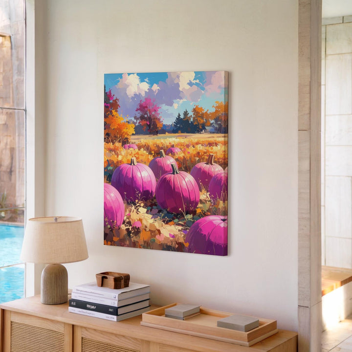 Magenta Pumpkin Field Canvas – Bold & Colorful Autumn Landscape Art - Gifitto