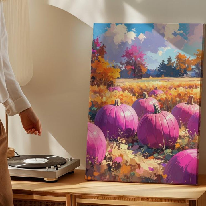 Magenta Pumpkin Field Canvas – Bold & Colorful Autumn Landscape Art - Gifitto
