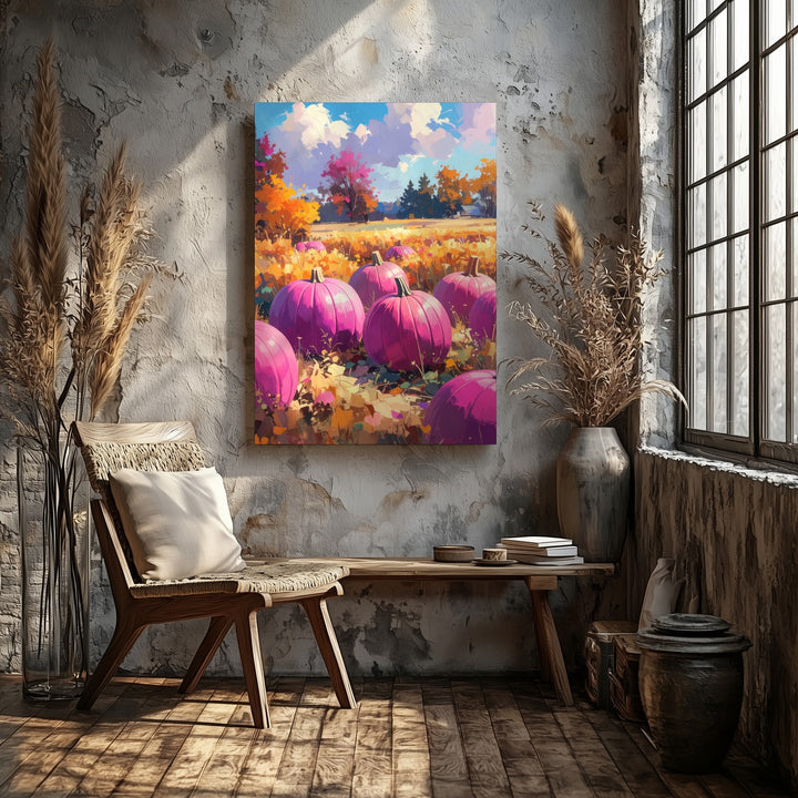 Magenta Pumpkin Field Canvas – Bold & Colorful Autumn Landscape Art - Gifitto