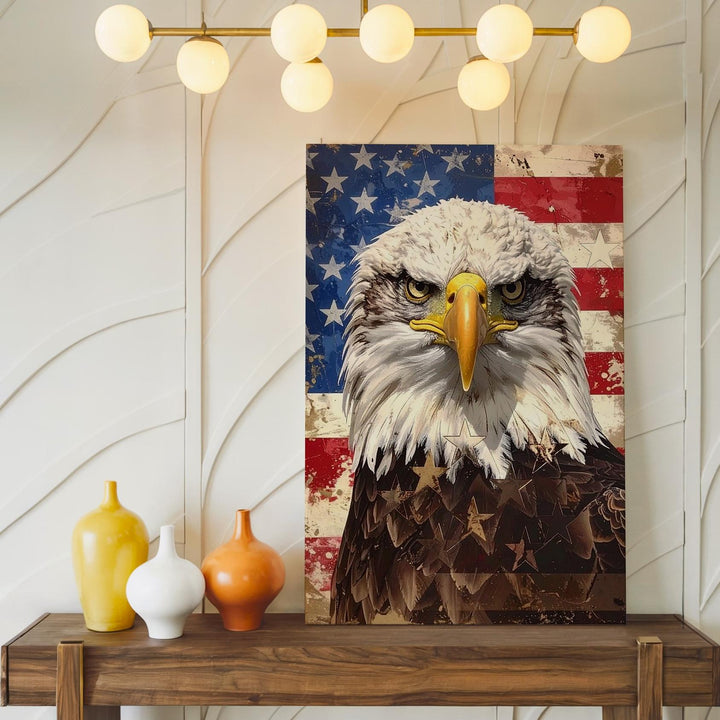 Bald Eagle Patriotic Canvas – Distressed American Flag & Fierce Expression - Gifitto