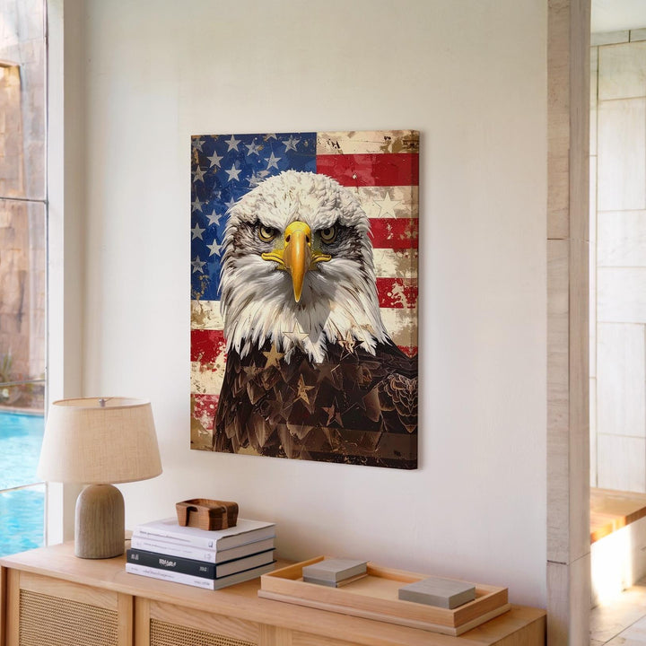 Bald Eagle Patriotic Canvas – Distressed American Flag & Fierce Expression - Gifitto