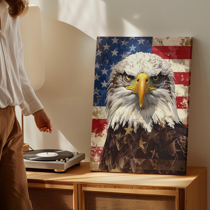 Bald Eagle Patriotic Canvas – Distressed American Flag & Fierce Expression - Gifitto