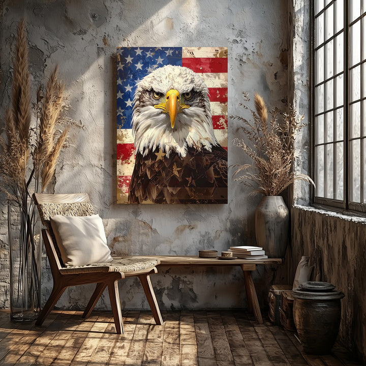 Bald Eagle Patriotic Canvas – Distressed American Flag & Fierce Expression - Gifitto