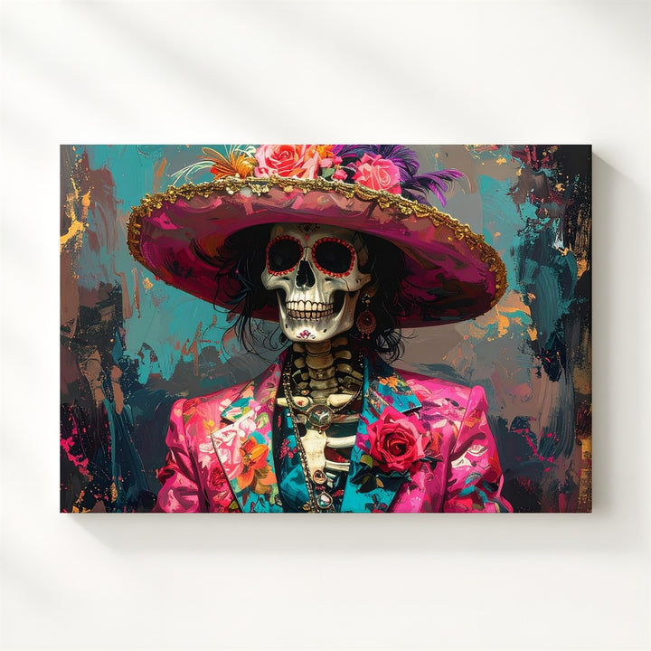 Flamboyant Skeleton Canvas – Día de los Muertos Style with Floral Suit & Hat - Gifitto