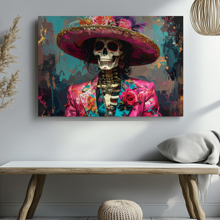 Flamboyant Skeleton Canvas – Día de los Muertos Style with Floral Suit & Hat - Gifitto