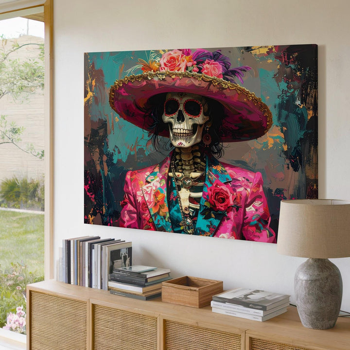 Flamboyant Skeleton Canvas – Día de los Muertos Style with Floral Suit & Hat - Gifitto