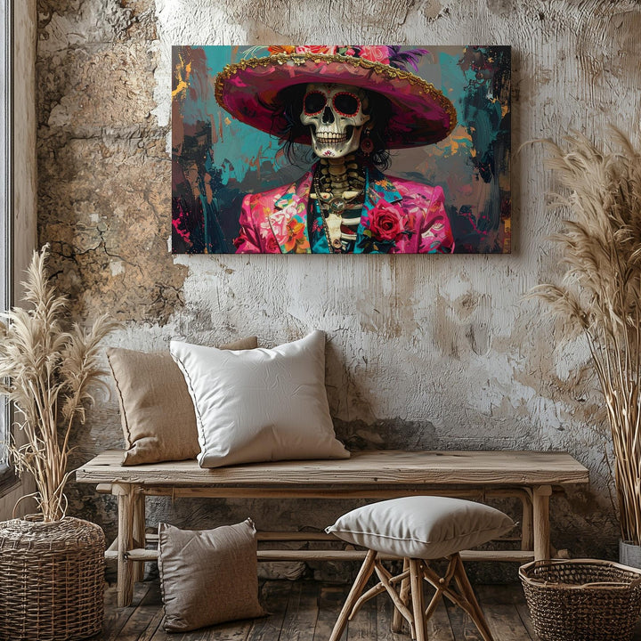 Flamboyant Skeleton Canvas – Día de los Muertos Style with Floral Suit & Hat - Gifitto