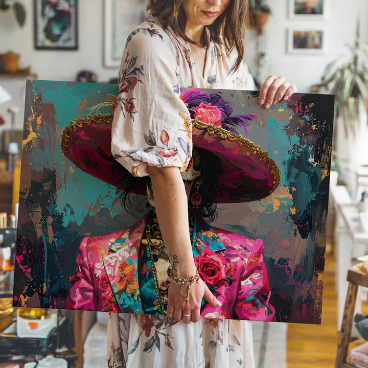 Flamboyant Skeleton Canvas – Día de los Muertos Style with Floral Suit & Hat - Gifitto
