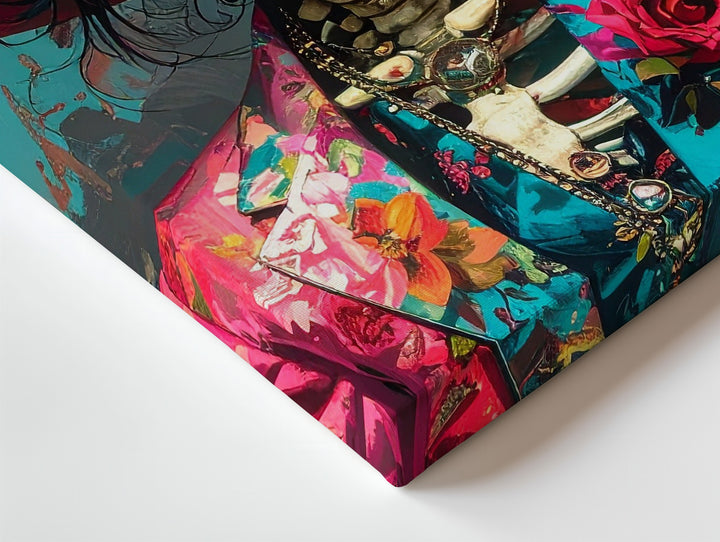Flamboyant Skeleton Canvas – Día de los Muertos Style with Floral Suit & Hat - Gifitto