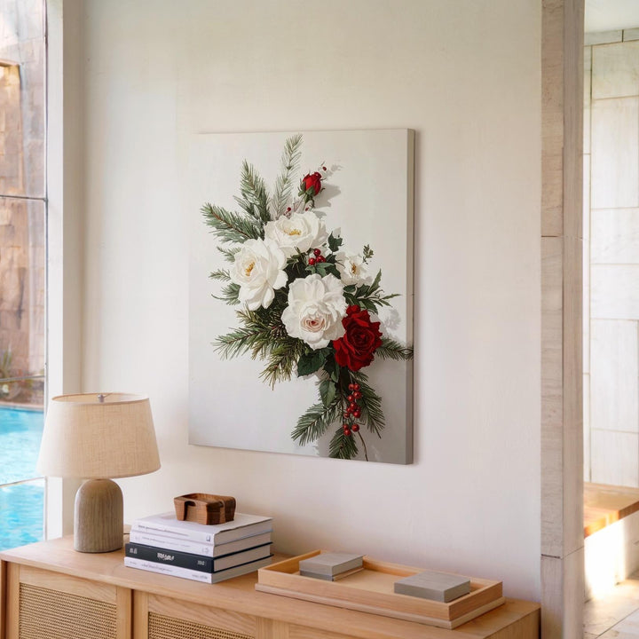 Christmas Rose Floral Canvas – Elegant Holiday Botanical Wall Art - Gifitto