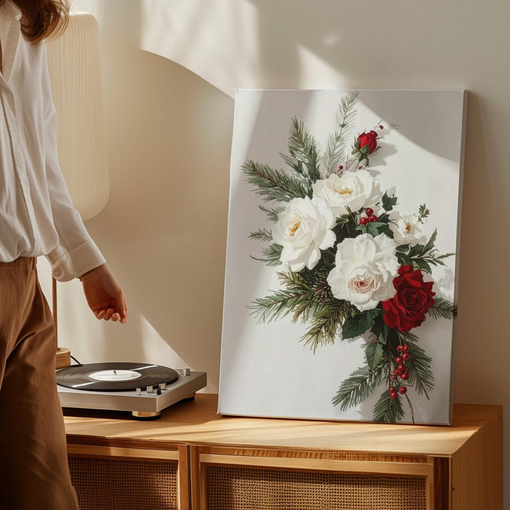 Christmas Rose Floral Canvas – Elegant Holiday Botanical Wall Art - Gifitto
